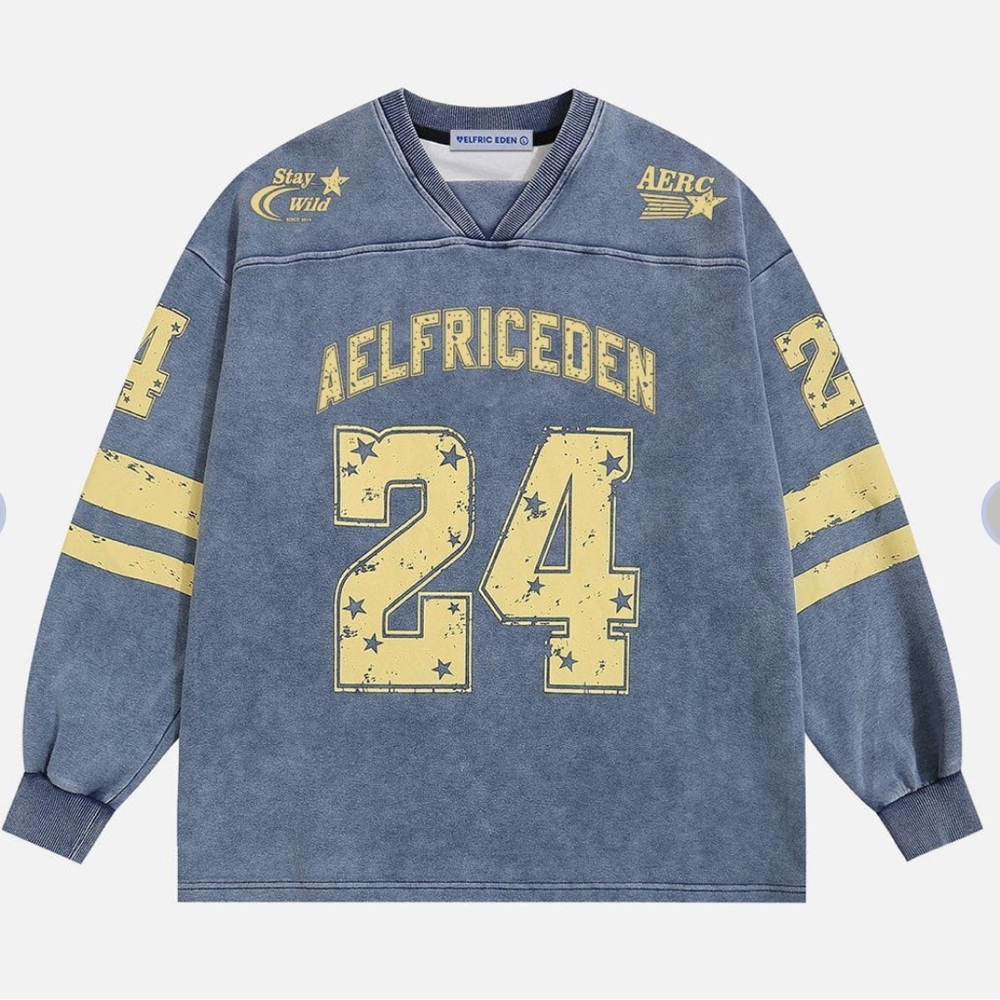 NWT AELFRIC EDEN‎ 24 Graphic Washed Sweatshirt Crewneck Blue S